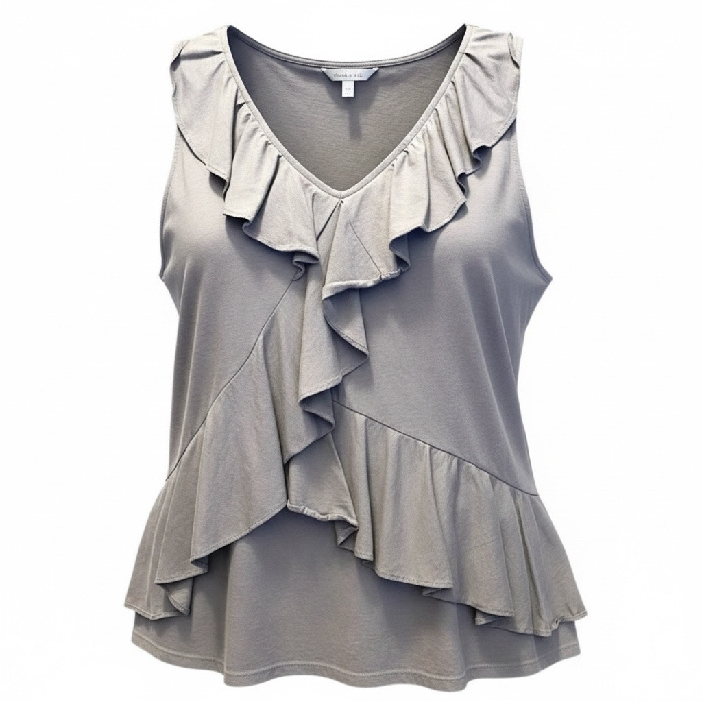 Garnet Hill Pima Cotton Ruffle Front V-Neck Tank Top Blouse Gray Women Xl